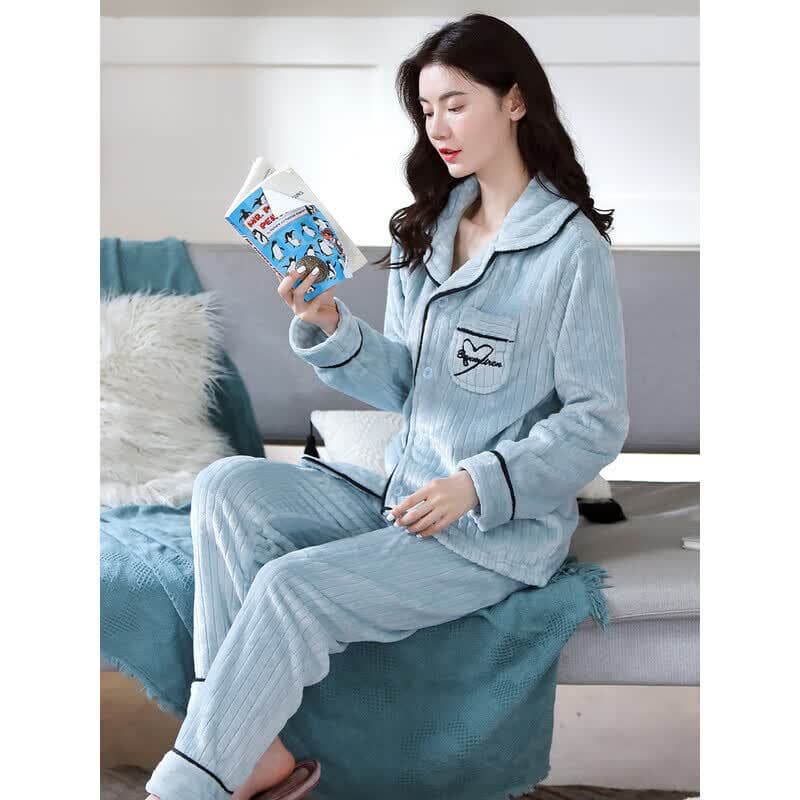 Pajamas Women Autumn Winter Coral Fleece Thick Warm Set Wear Out Long Sleeve Long Pants Thick Soft Loose Homewear