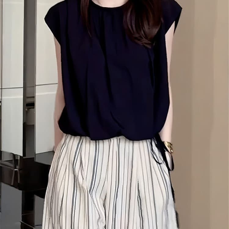 Chiffon Blouse for Women Summer Lightweight High-End Loose Drawstring Short Sleeve Solid Color Versatile Casual Slimming Elegant Shirt