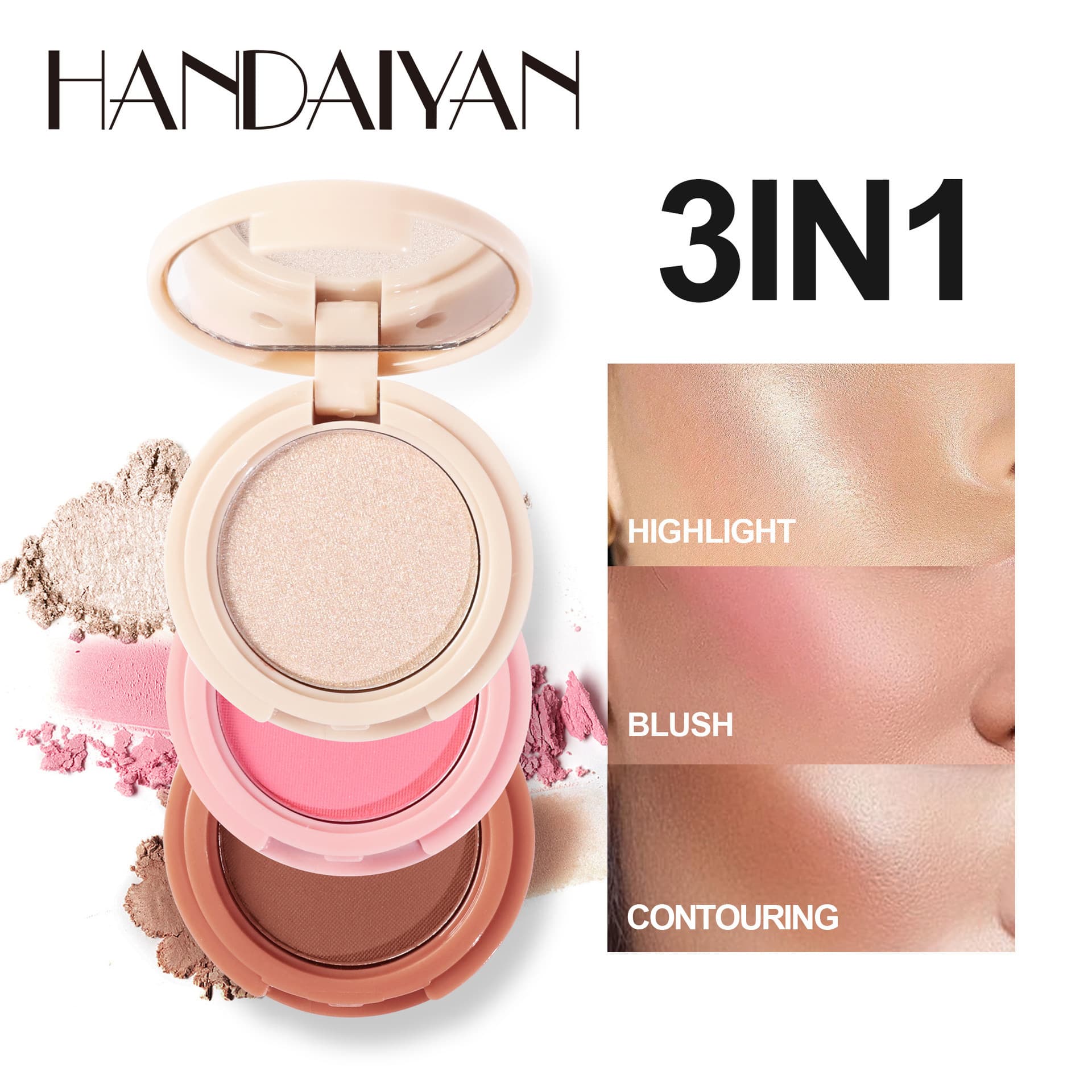 Handaiyan Korean Daeyean 3-in-1 Contouring and Highlighting Blush Palette, Facial Brightening Matte Eyeshadow Contouring Palette