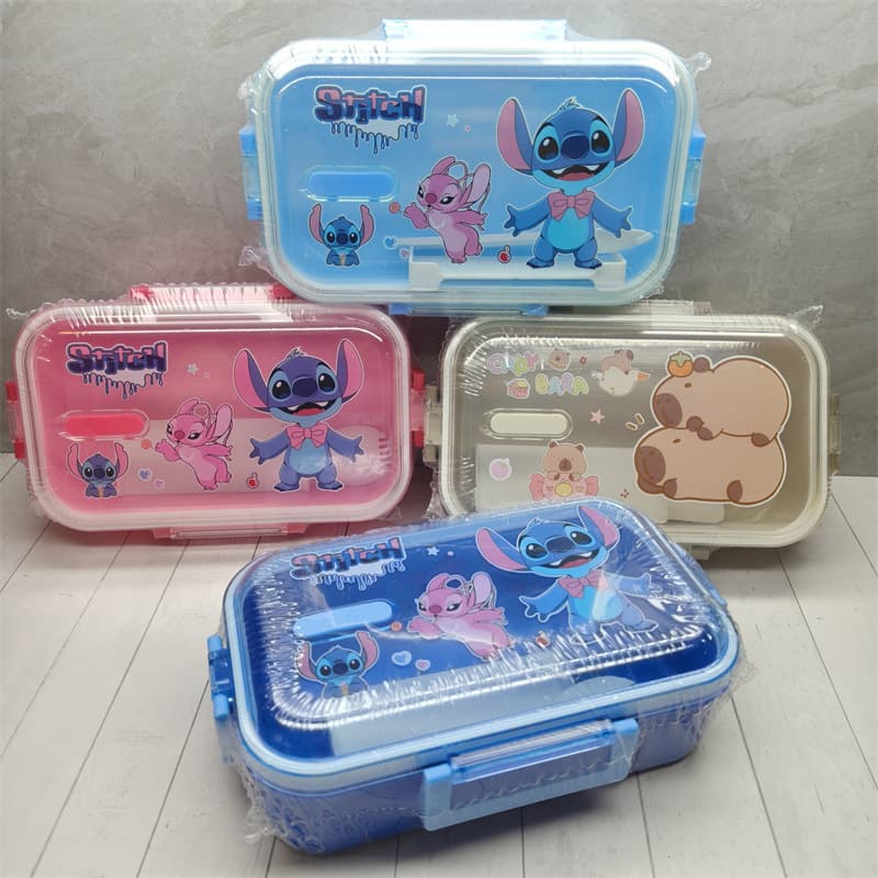 Stitch Square Two-Compartment Lunch Box for Students, Large Capacity Bento Box with Soup Spoon, Stitch Food Storage Container