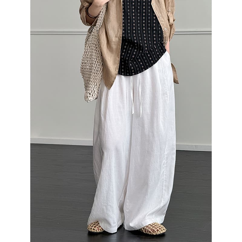 Orange Zhi Summer New Korean-Style Vacation Casual Wide-Leg Pants Loose Linen Casual Pants 7893