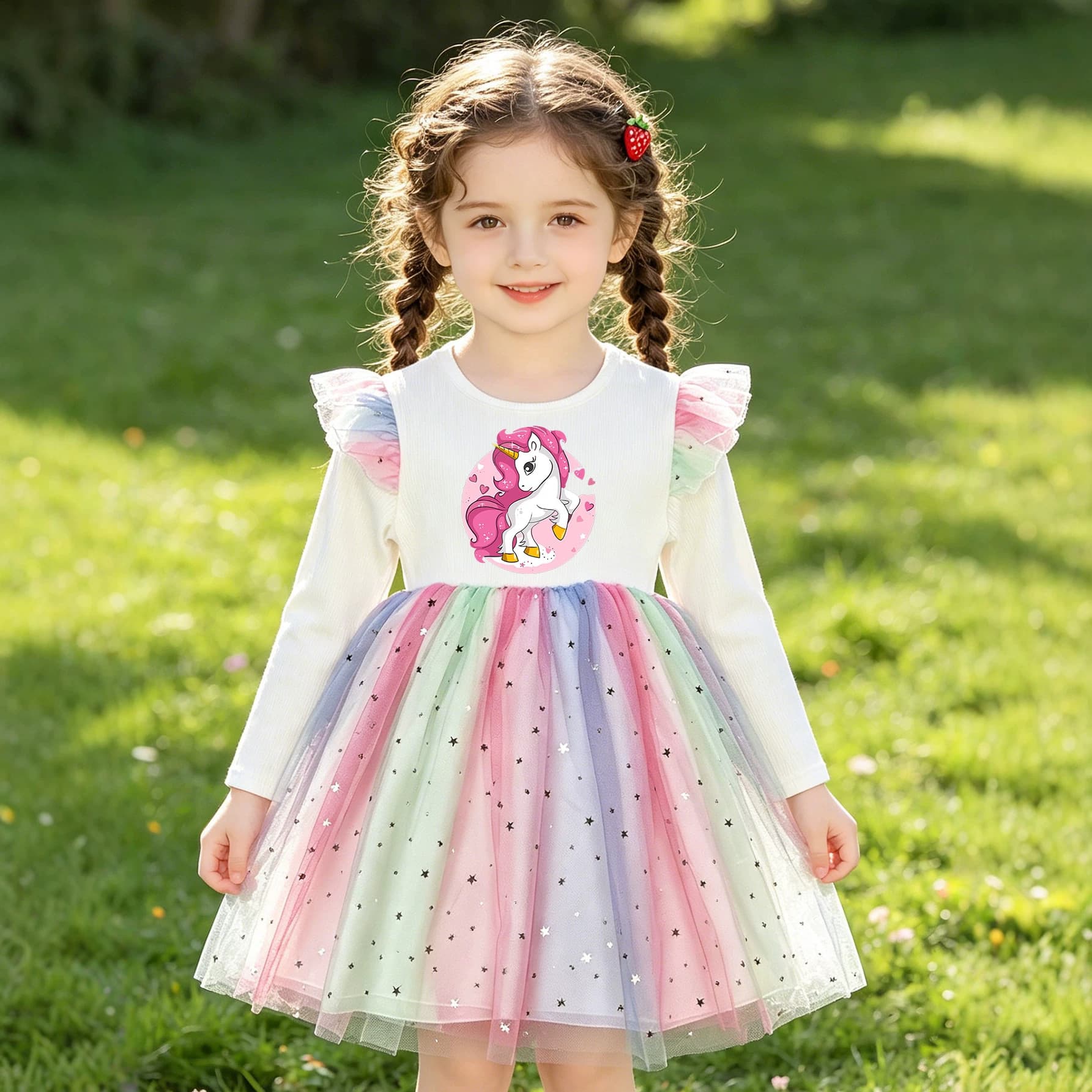 Girls Spring and Autumn Dress Long Sleeve Girls Puff Skirt Randomly Printed Princess Dress Children's Skirt Foreign Trade Cross-Border