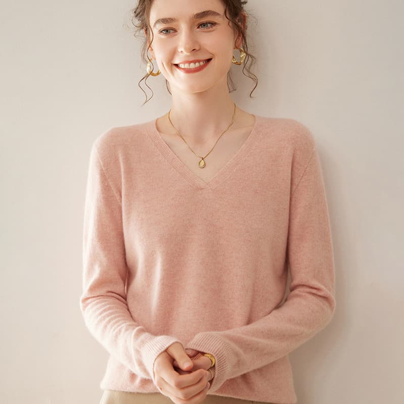 First-line ready-to-wear V-neck cashmere knitted sweater for women, loose and versatile long-sleeved cashmere sweater for women, bottoming top