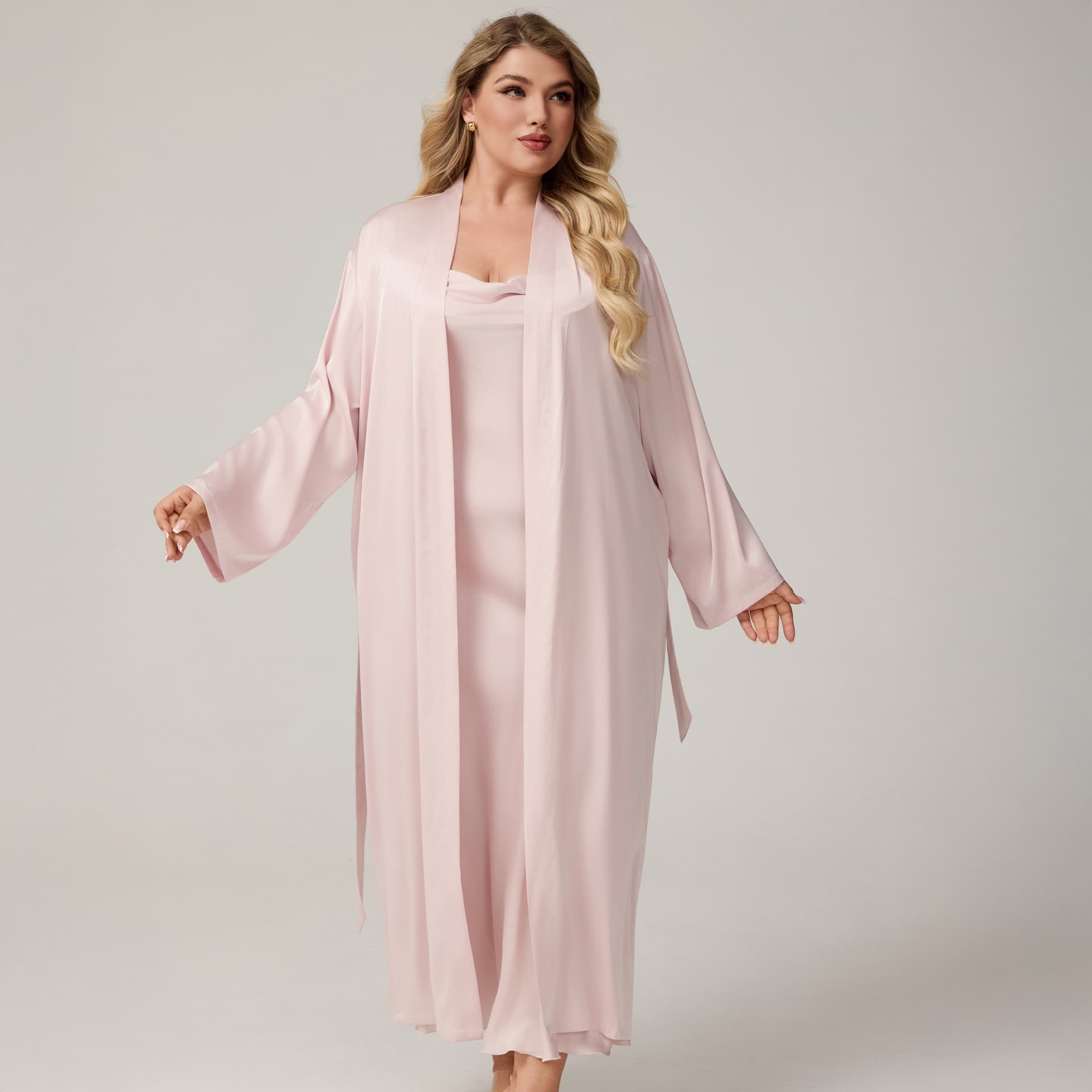 Yaoting European and American Plus Size Satin Slip Dress Summer Bathrobe Set for Women, Sexy and Comfortable Loungewear