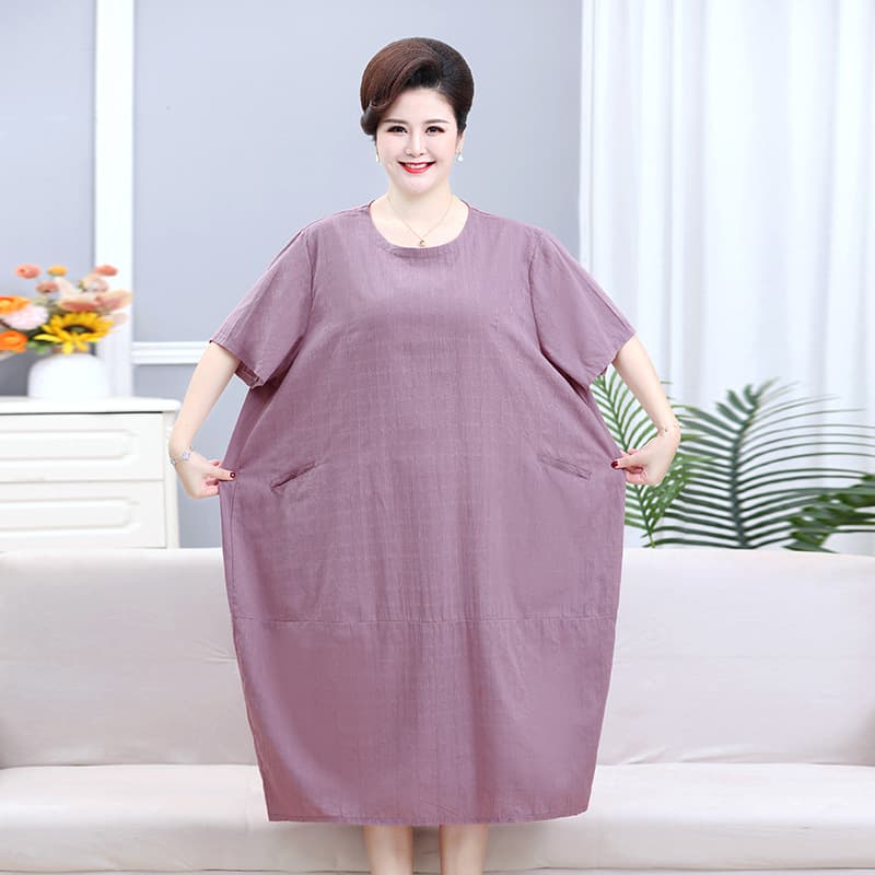 Summer Cotton Short Sleeve Dress for Elderly Women, Plus Size for 200 lbs, Long Dress for Overweight Mothers
