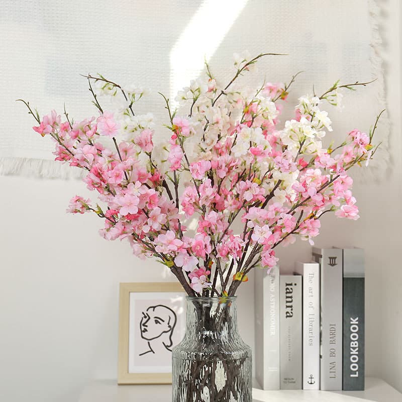 New Short Branch 2-Fork Artificial Japanese Cherry Blossom Branch, Pear Blossom Branch, Fake Flowers for Living Room Decoration, Wedding Single Peach Blossom