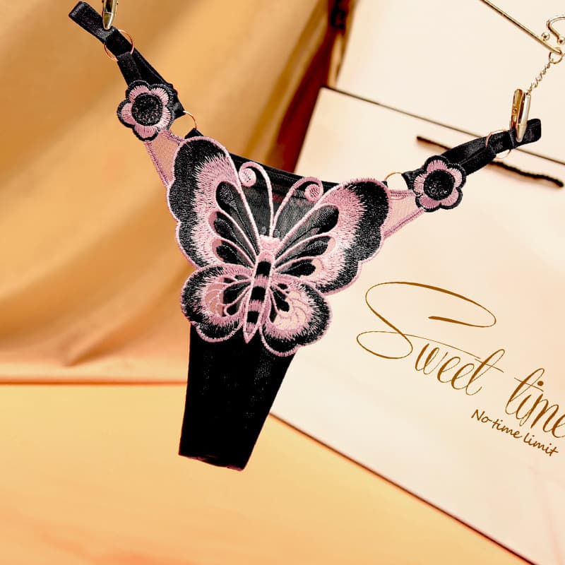Butterfly Element Adjustable Strap Women's Plus Size Panties, Sexy Hot Sheer Embroidery Low-Waist Temptation Japanese Style Thong