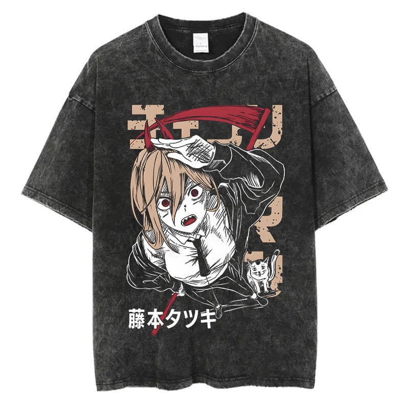 Vintage Washed Chainsaw Man Anime T-Shirt for Men, Crew Neck Stripe Pattern, Breathable Comfortable Unisex T-Shirt from Mainland China