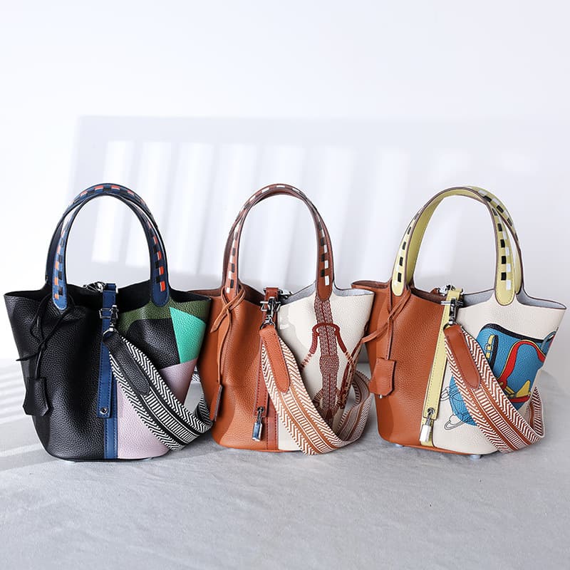 Top Layer Cowhide Painted Market Basket Handbag Women Adjustable Strap Genuine Leather Ladies Bag