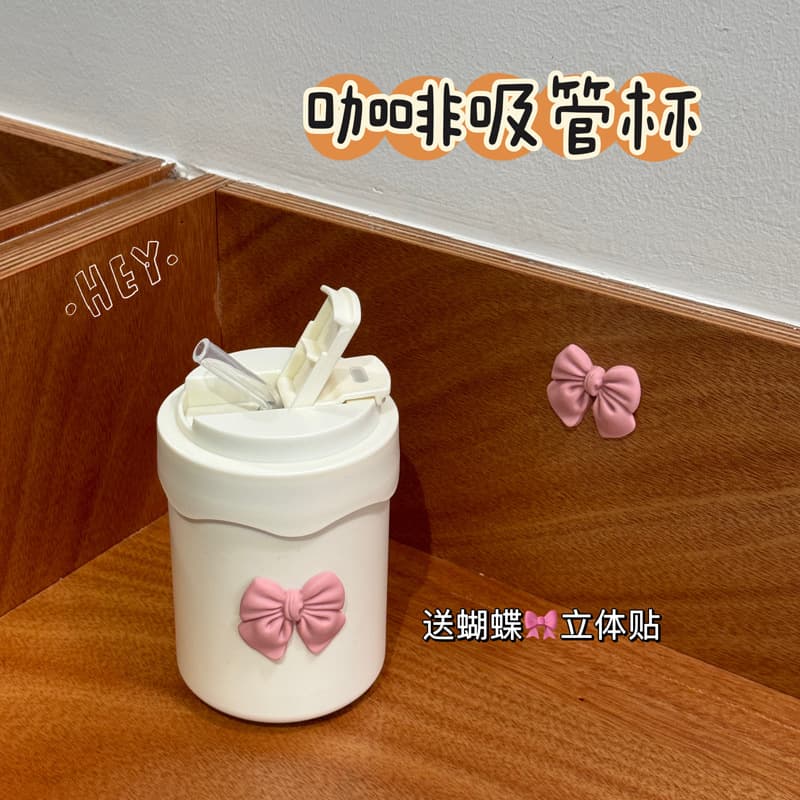 Bow Double-Drink Cup Plastic Coffee Cup Double-Drink Cup Portable Cup Ins High-Aesthetic Simple Straw Cup