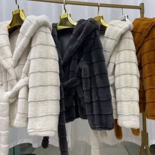 Striped Hooded Faux Fur Coat Eco-Friendly Faux Fur Jacket Imitation Mink Horizontal Ladder Mink Coat