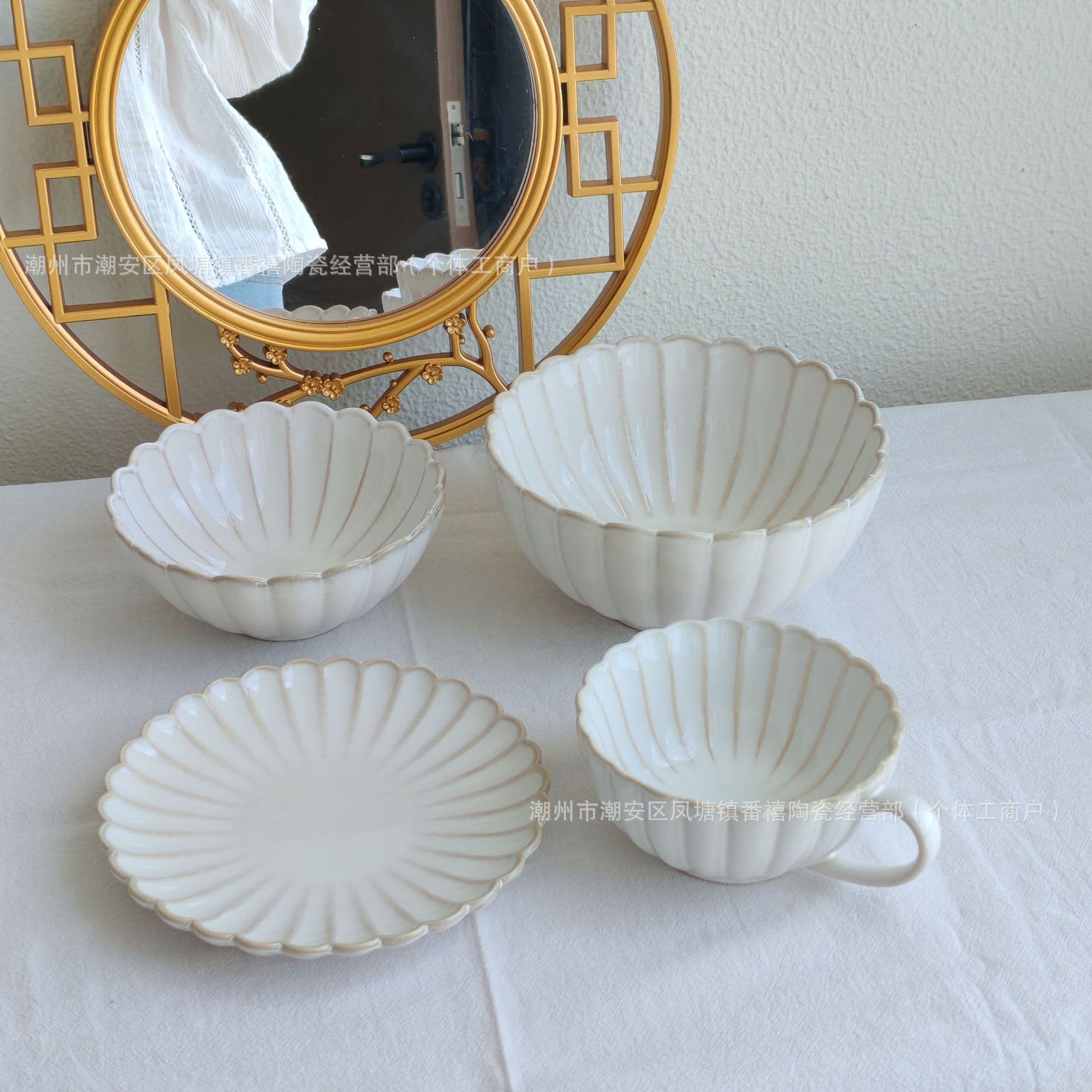Japanese Retro Cake Plate Dessert Plate Chrysanthemum Dish Ceramic Plate Shallow Bowl Ins Style Coffee Cup and Saucer Set
