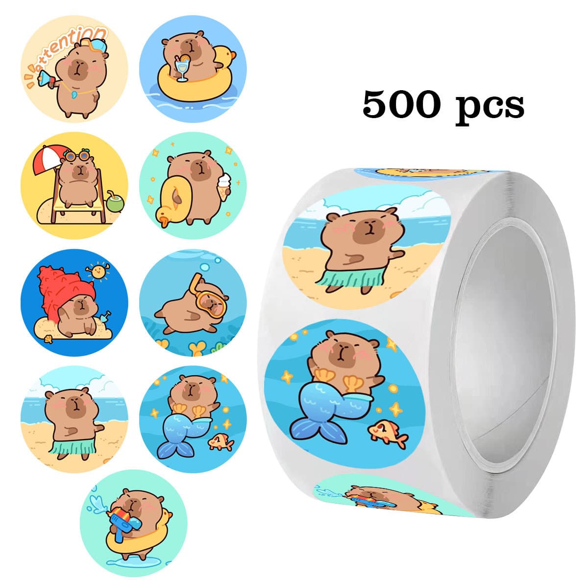 500pcs Seaside Vacation Capibara Self-Adhesive Sealing Gift DIY Packaging Beach Guinea Pig PVC Sticker