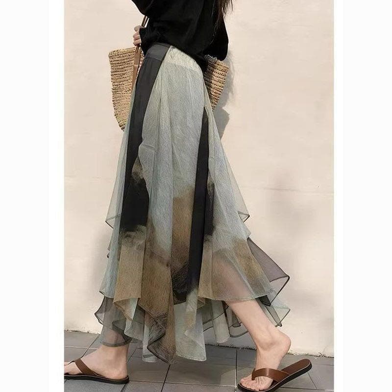 Lazy atmosphere, high-waisted retro, irregular slimming long skirt, smudged printed versatile skirt, new sweet and cool skirt