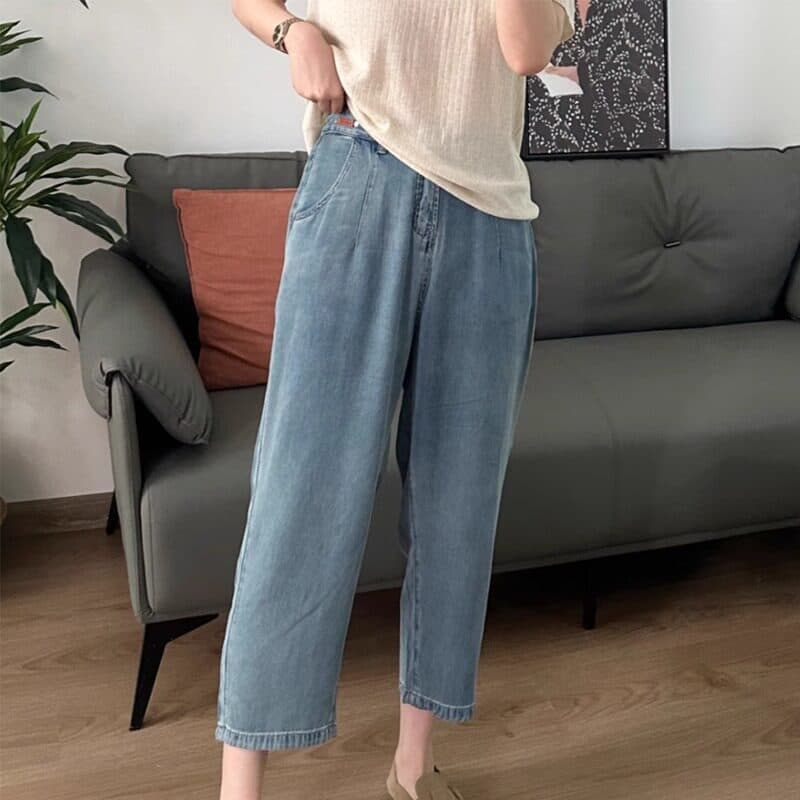 Large size pear-shaped figure Tencel harem jeans for fat mm summer thin high-waisted slimming ice silk drape wide-leg pants