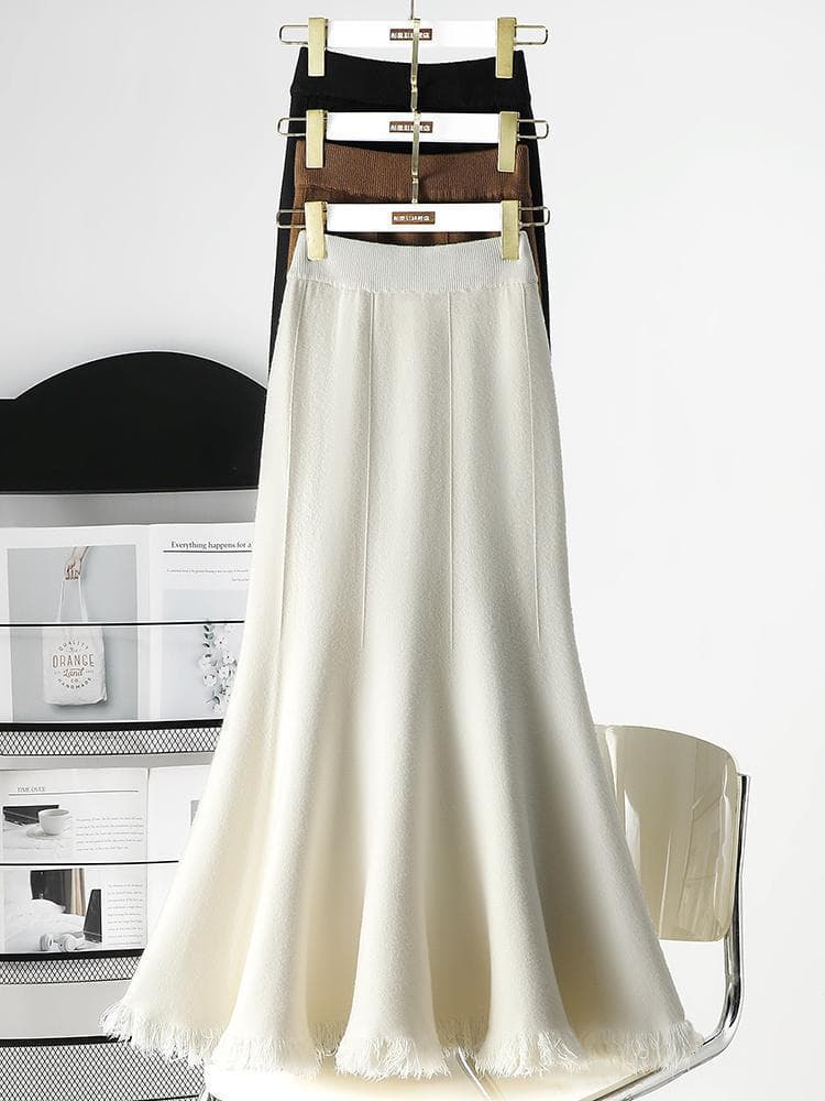 Hip-Hugging Mermaid Skirt Women's Spring/Autumn New Style High-Waist Slimming Mid-Length Fringe Knitted Long Skirt