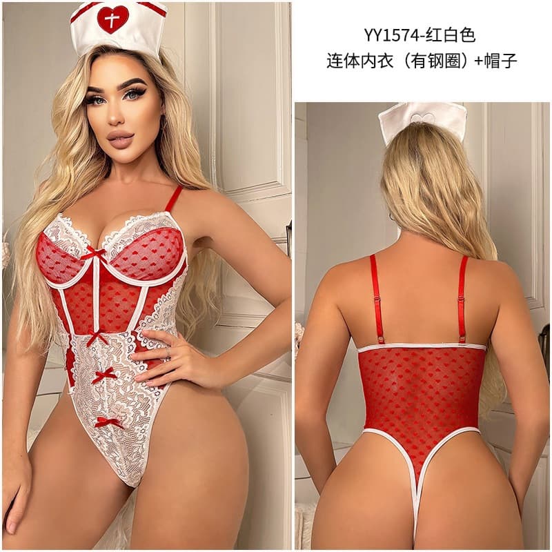European and American Lingerie Shapewear Nurse Costume Bodysuit Lace Bow Heart-shaped See-through Sexy Nurse Cap