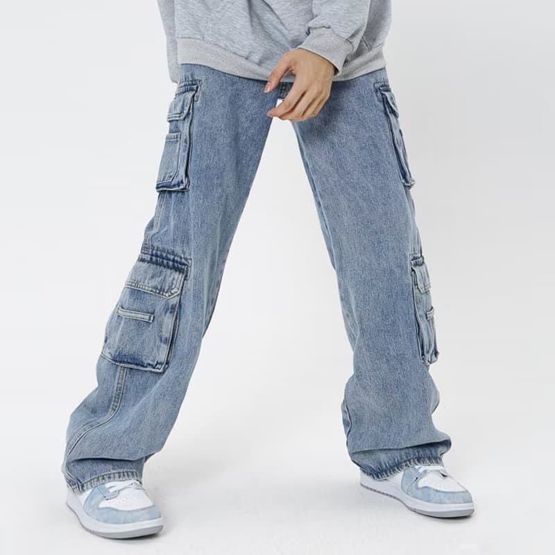 Multi-pocket high street workwear jeans for men in spring and autumn heavy fashion brand retro pants design vibe casual pants