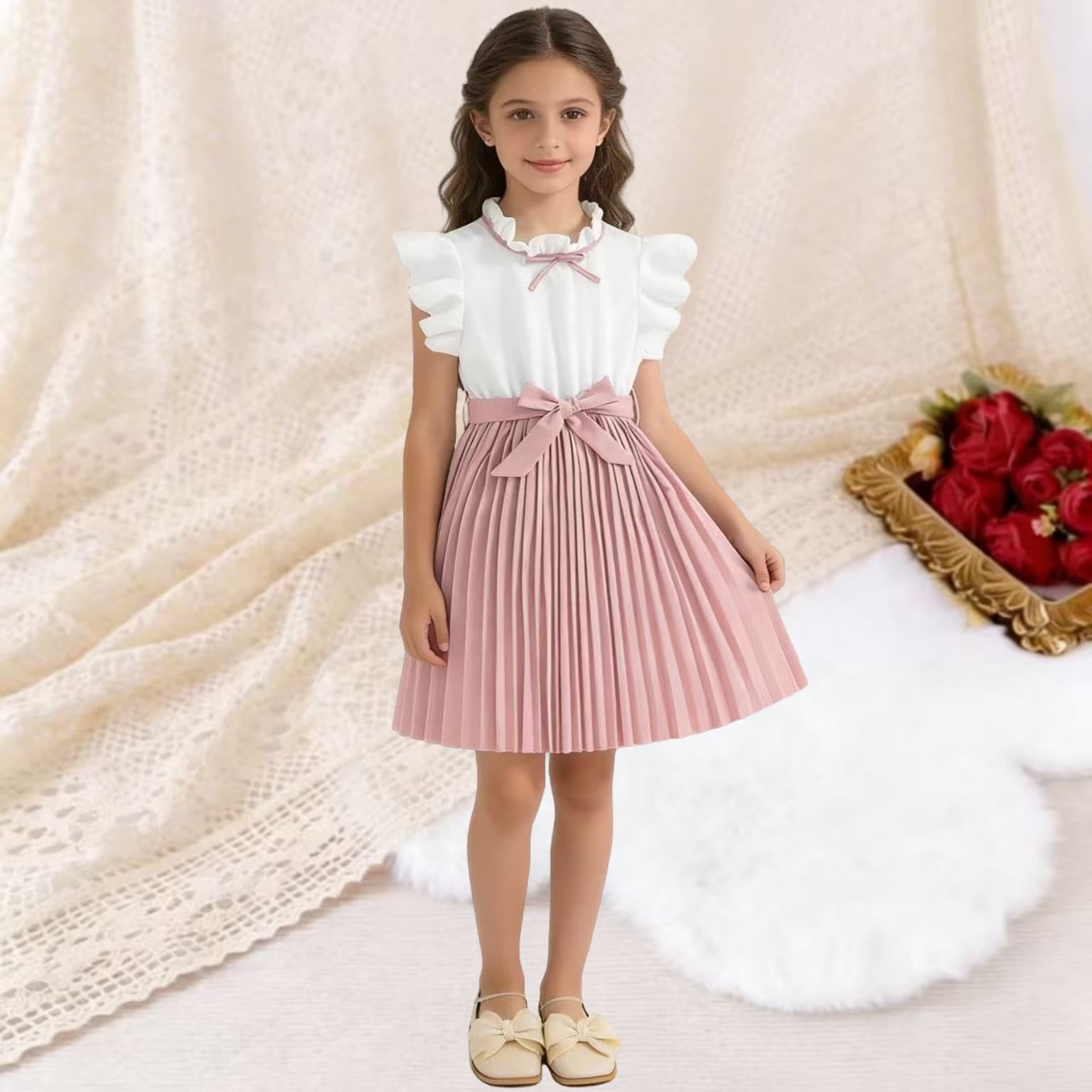 2024 Spring and Summer Girls' Clothing Cross-border New Style Flying Sleeves Color-blocked Korean Princess Dresses European and American Medium and Large Children's Dresses Wholesale