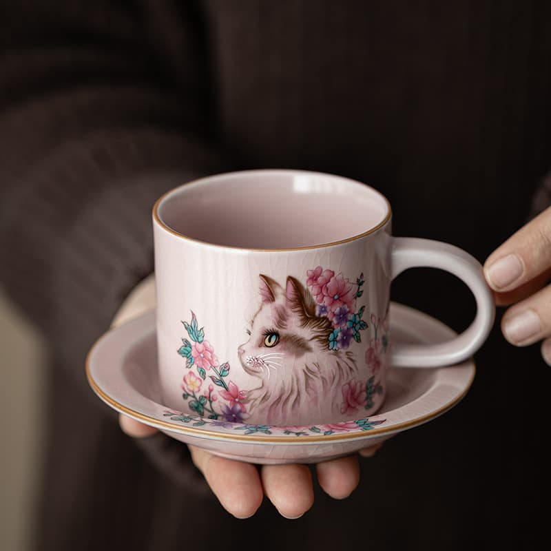 Ru Kiln Pink Cat Coffee Mug Set with Saucer, Home Office Afternoon Tea Cup, Crackle Glaze Ceramic Water Cup
