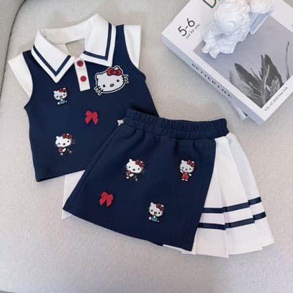 Girls' college style suit summer new style small and medium-sized children's baby Kity cat polo shirt skirt two-piece set