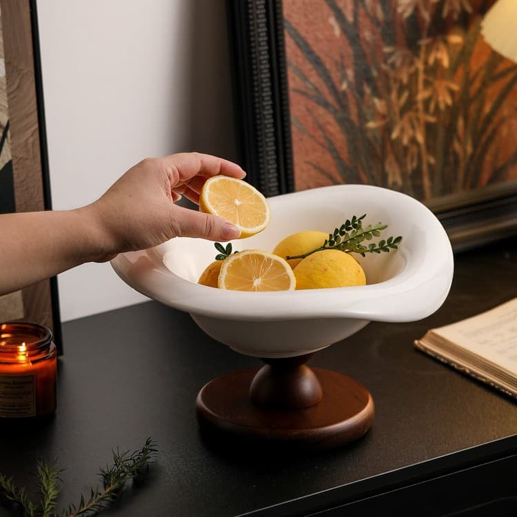 Ceramic Fruit Plate High Foot Retro Wooden High-end Light Luxury Fruit Snack Storage Living Room Coffee Table Hallway Decorative Basin