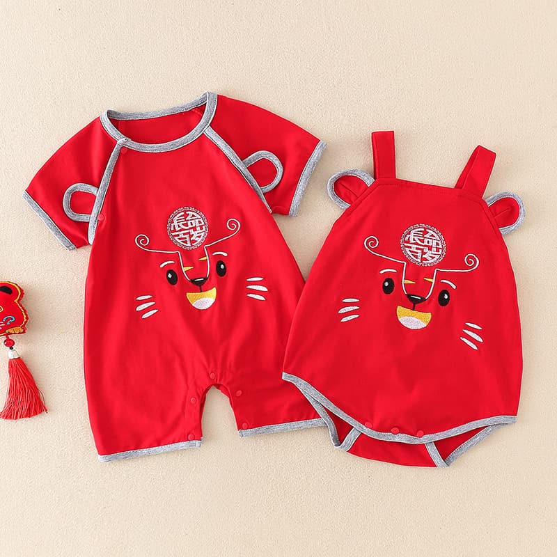 Baby Red Romper for Newborns, Summer Infant Bodysuit for 100-Day Celebration, Boys and Girls