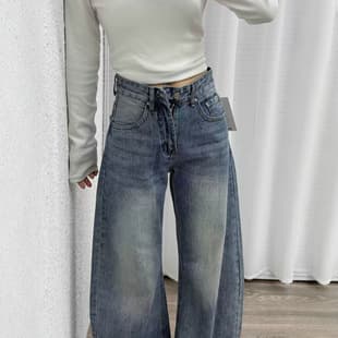 Vintage Washed Blue Curved Jeans for Women, Petite Hot Girl High Waist Loose Slim Straight Wide Leg Floor-Length Pants