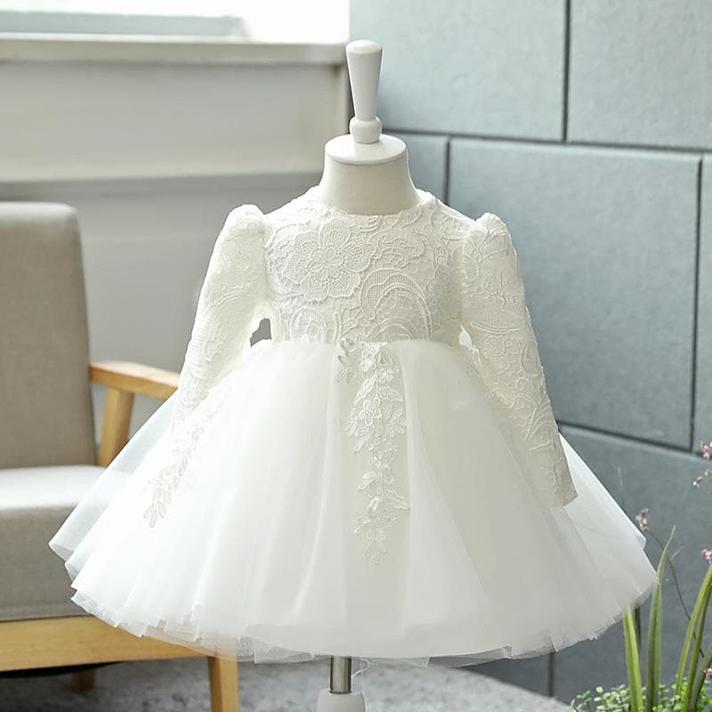 First Birthday Dress for Baby Girl, Princess Gown for Flower Girl Wedding, Long-Sleeve White Children's Formal Dress