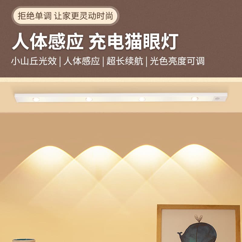 Ultra-Thin Smart LED Human Sensor Light, Ultra-Thin Cat's Eye Hill Strip, Charging Self-Adhesive Wardrobe, Wine Cabinet, Cabinet Light