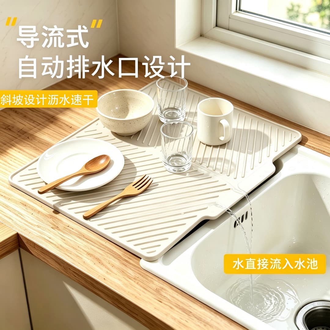 Temu Sloped Drainage Silicone Kitchen Draining Mat Household Sink Countertop Mat Bar Anti-Slip Mat Tableware Mat