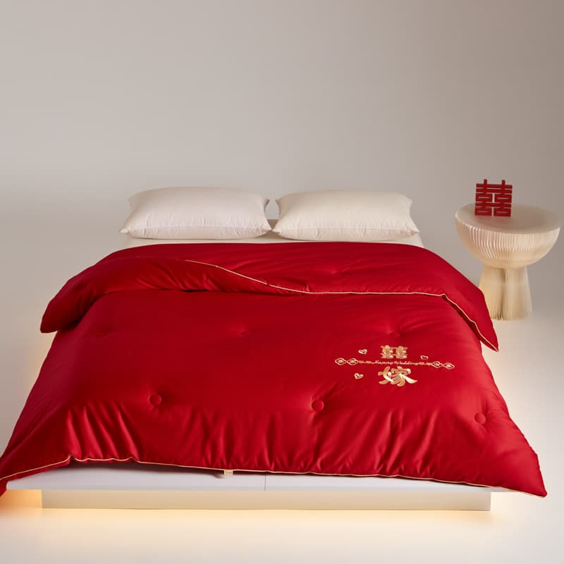 Wedding Bright Red Spring/Autumn Quilt, 100 Thread Count Long-Staple Cotton Embroidery Marriage Soybean Protein Comforter Insert, Winter Warm Quilt