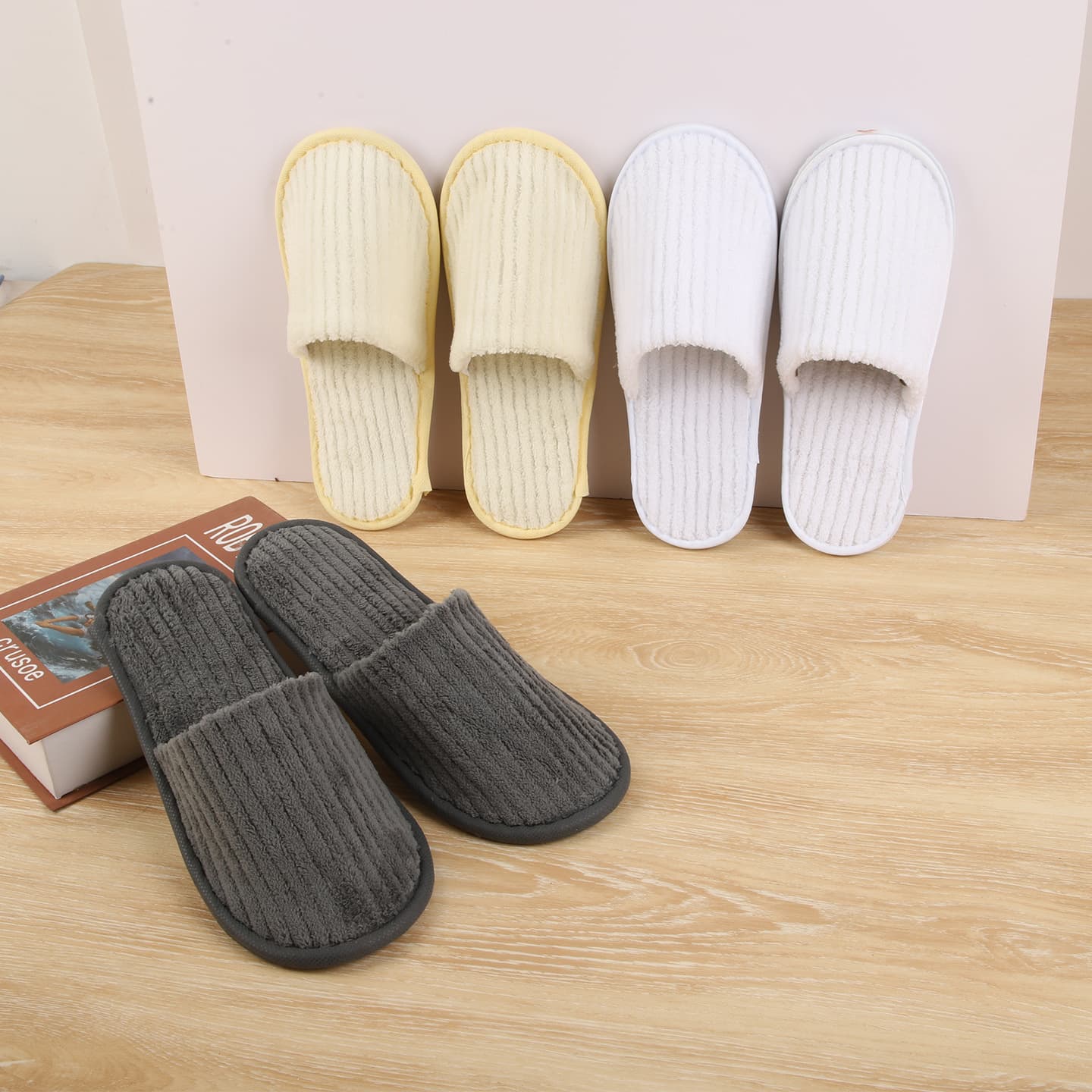 Cross-border hotel-specific disposable slippers with striped coral velvet edges for hospitality, non-slip, home, hotel, B&B, club