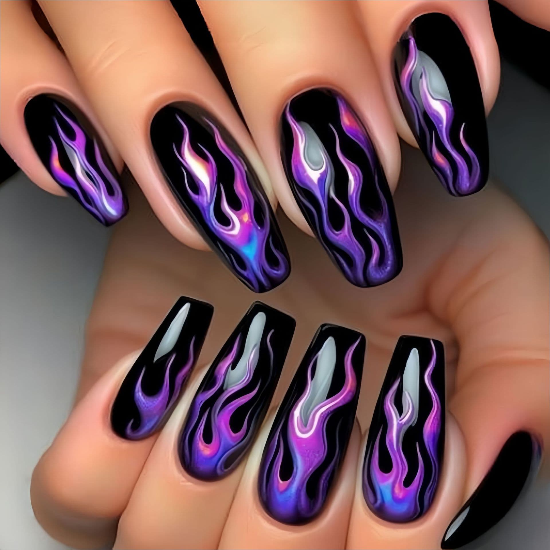 Press-On Nails Medium-Long Ballet Shape Nails New Year Spring Summer Fashion Nails Purple Flame Stripes