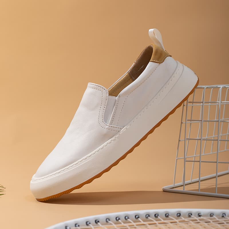 New Autumn/Winter Breathable White Casual Shoes, Top Layer Cowhide, Slip-On Loafers, Men's Sneakers