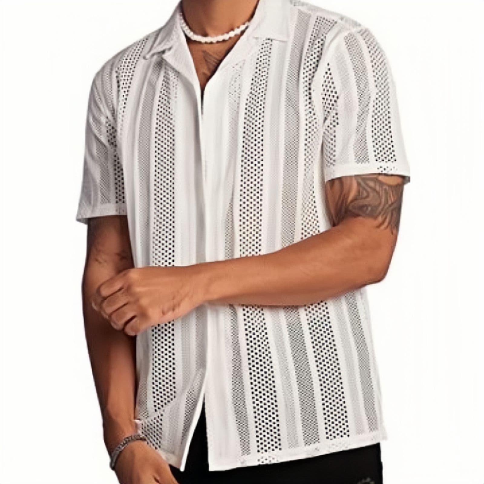 Men's Casual Knitted Short Sleeve Button-Down Shirt, European and American Street Style, Hollow Out Design