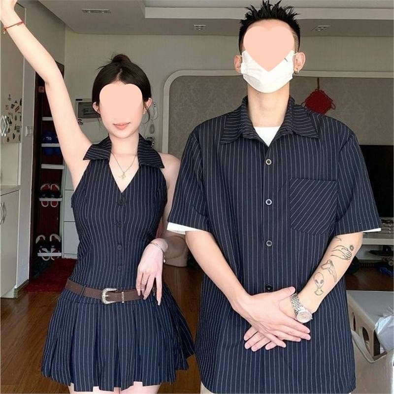 Couple Outfit Summer Korean Style Short Sleeve Shirt for Men French Dress for Women One Dress One Shirt Ins Fashion