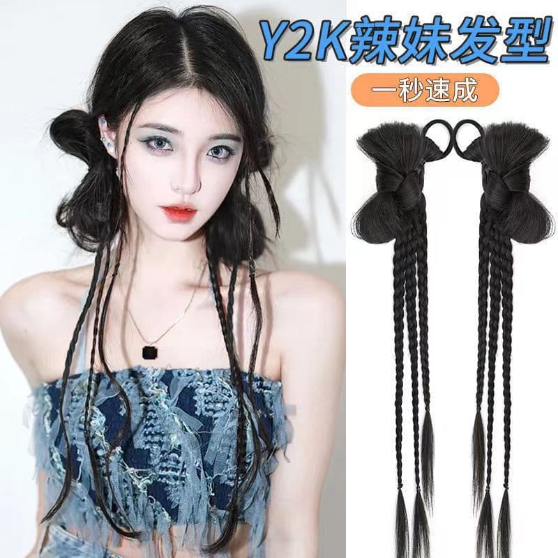 Faux Braid Ponytail Y2K Boxer Braids Double Ponytail with Bow, Trendy