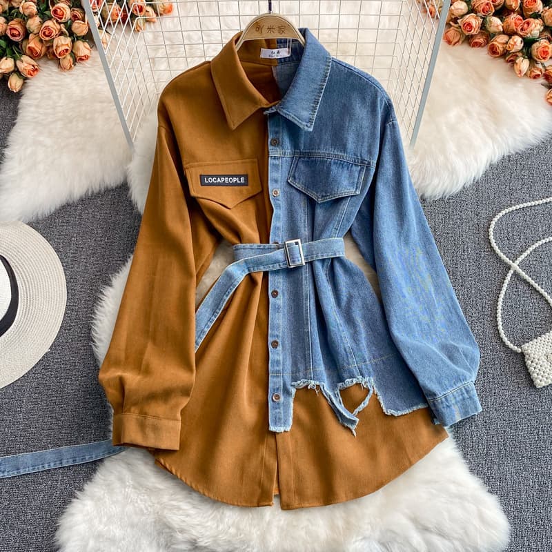 Denim Patchwork Corduroy Lapel Collar Dress, 2022 Autumn/Winter New Style, Korean Version Waist-Tied Slimming Irregular Midi Length