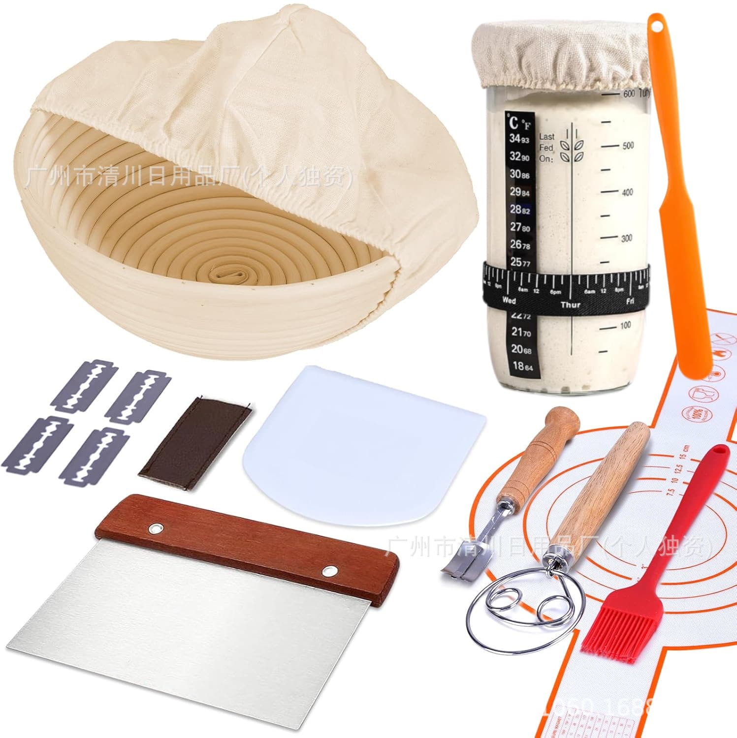 Sourdough Kit 9inch Piece Set, Round Bread Proofing Basket Set, 24oz Fermentation Jar, Baking Tools with Dough