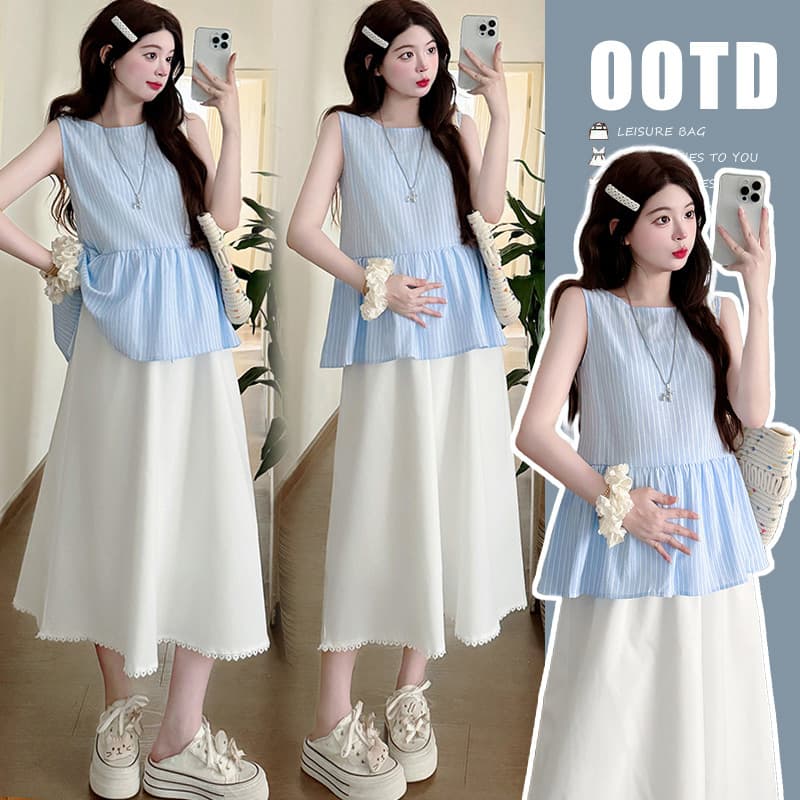 In Stock Real Shot Age-Reducing Doll Blouse Blue Striped Shirt + Lace Trim White Skirt Default Option