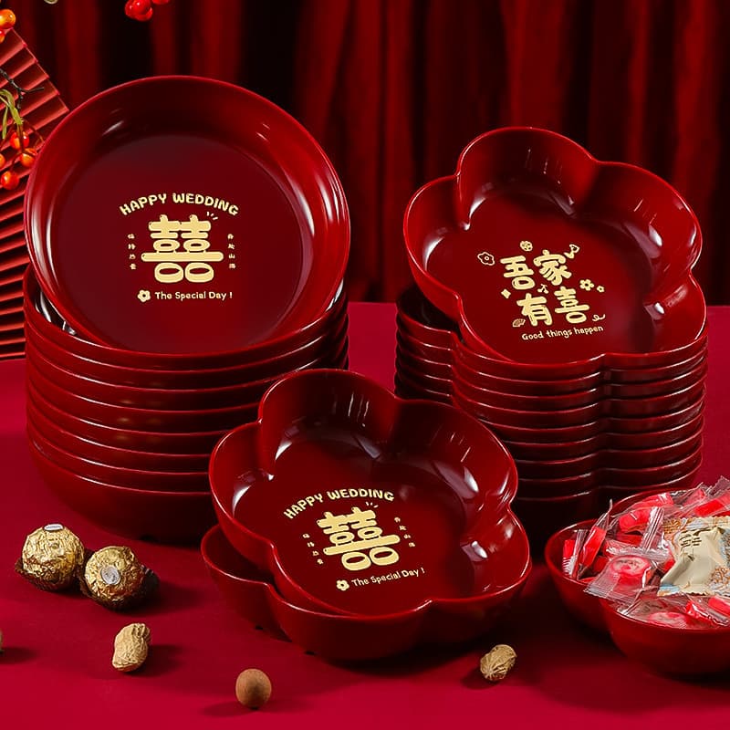 Wedding Fruit Tray Red Candy Tray Decoration Engagement Party Living Room Ornament Dried Fruit Happy Character Fruit Coffee Table Happy Tray Arrangement