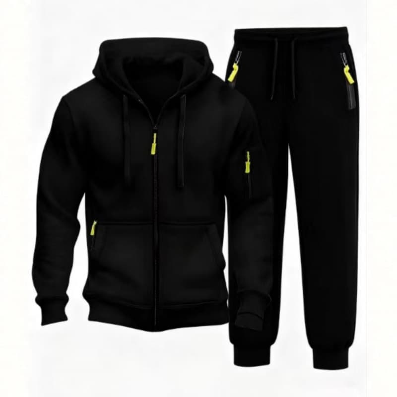 Factory Direct Men's Fluorescent Yellow Zip-Up Hoodie Set Full-Zip Hoodie with Multi-Pockets Jogger Pants Two-Piece