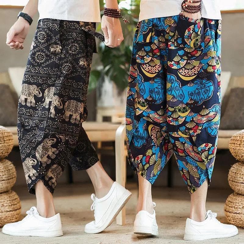 Chinese Style 2025 Summer Men's Casual Capri Pants Harem Pants Loose Beach Pants Floral Pants Relaxed Fit Plus Size Wholesale