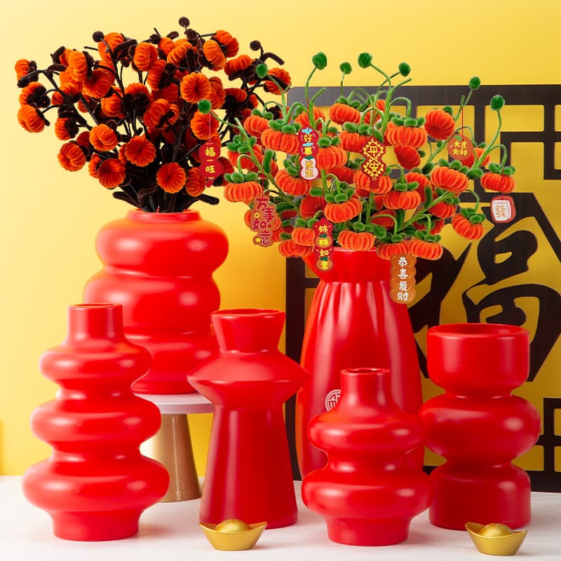 Factory wholesale new Chinese style decorative vase, festive red imitation ceramic plastic vase, water-holding fresh flower vase