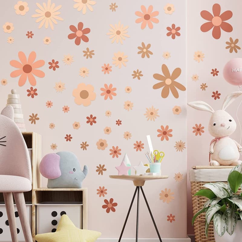 Boho Style Daisy Flower Wall Sticker Retro Floral Wall Decal Bohemian Self-Adhesive PVC Decorative Art