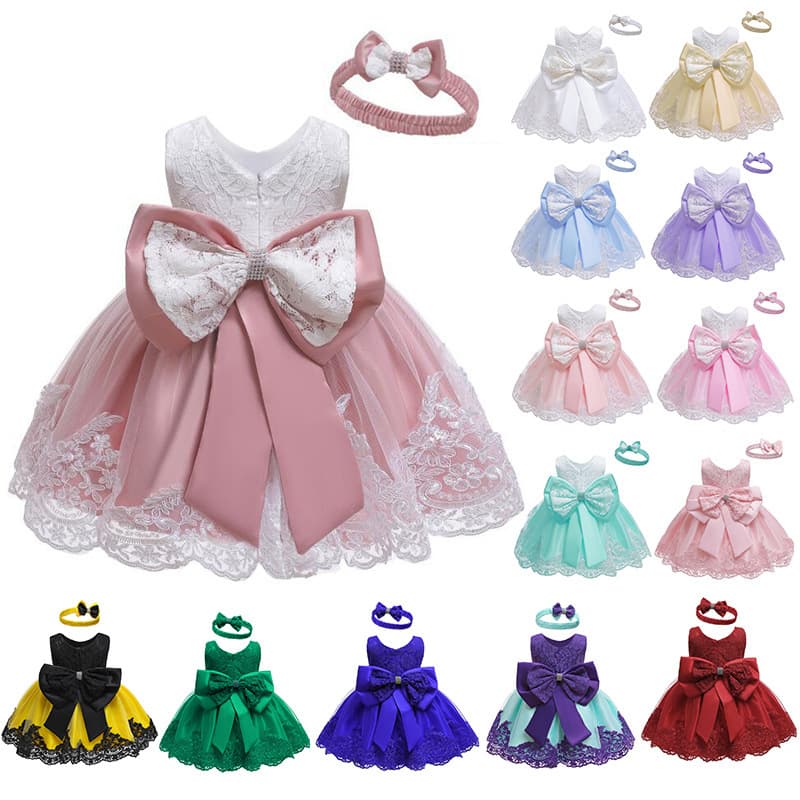 Children's dress lace color-blocked baby one-year-old dress bow princess evening princess dress with hairband