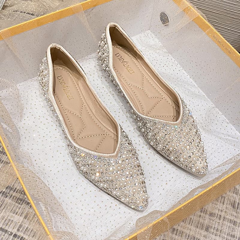 European Style Women's Summer Flat Shoes 2026 New Model Full Rhinestone Shallow Pointed Toe Elegant Large Size Women's Shoes Size 41 to 43