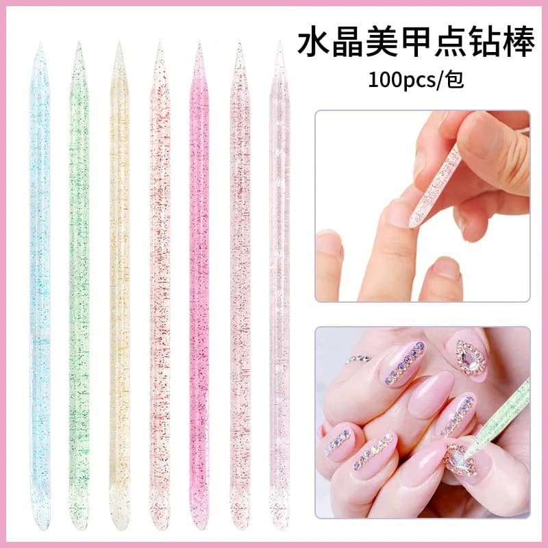 Manufacturer 100/Pack 9.5cm Multi-Color Crystal Rod Manicure Point Drill Stick Manicure Stick Double-Ended Dead Skin Push Manicure Tool