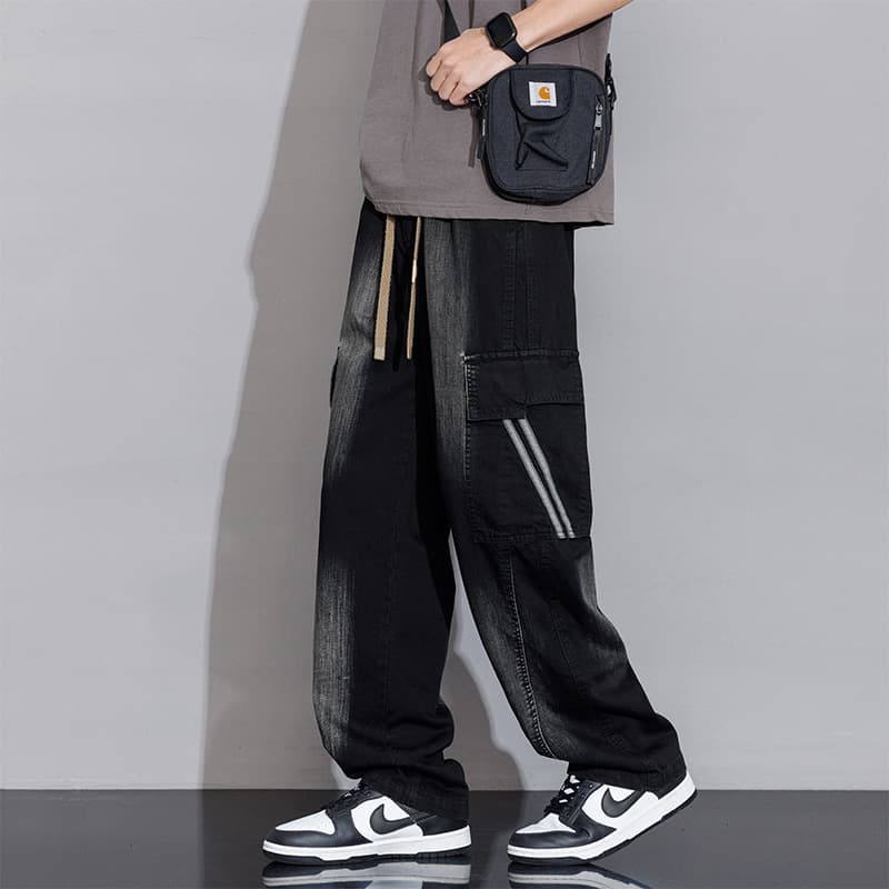 Trendy brand men's large size loose straight multi-pocket work jeans fashion gradient color plus fat plus size trousers